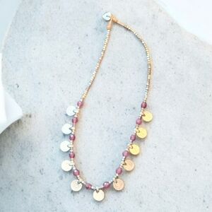 Natural Pink Quartz Stone & Silver Plated Pyrite Beaded Coin Toggle Necklace 19"